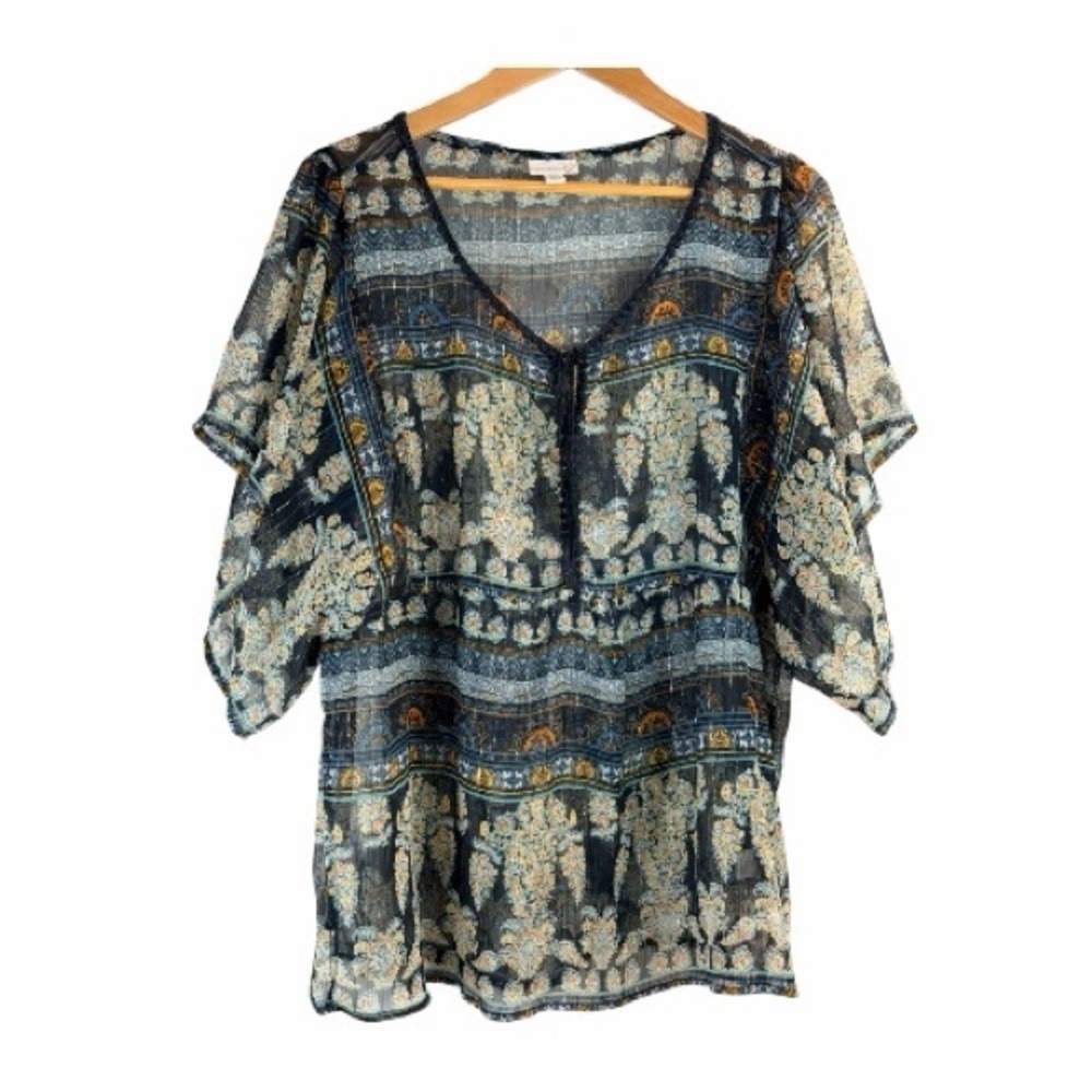Westport 1962 Woman 2x Navy Gold Floral Print‎ Tunic Top